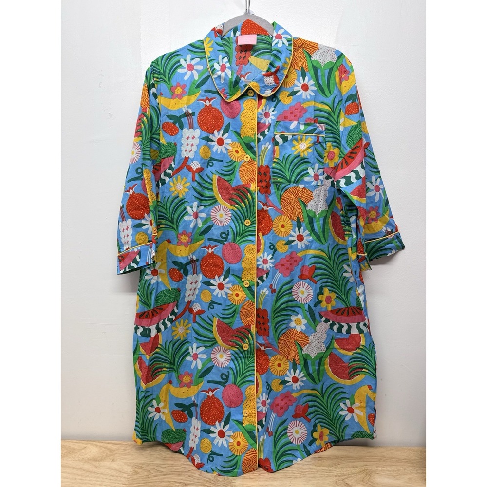Ban.Do LEISURE DRESS BLUE TUTTI FRUTTI Large New Cotton Button Up #69